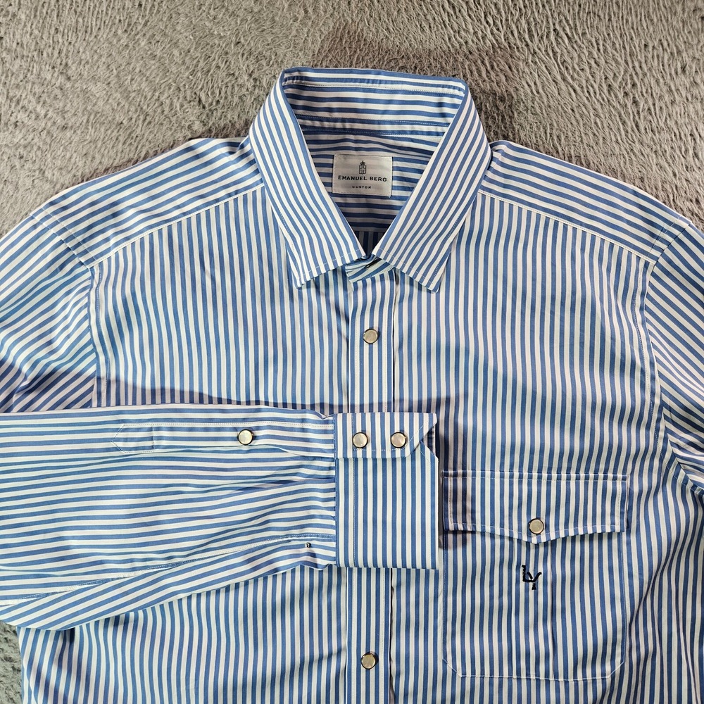 Emanuel Berg Shirt Men Large‎ Pearl Snap Long Sleeve White Light Blue Striped